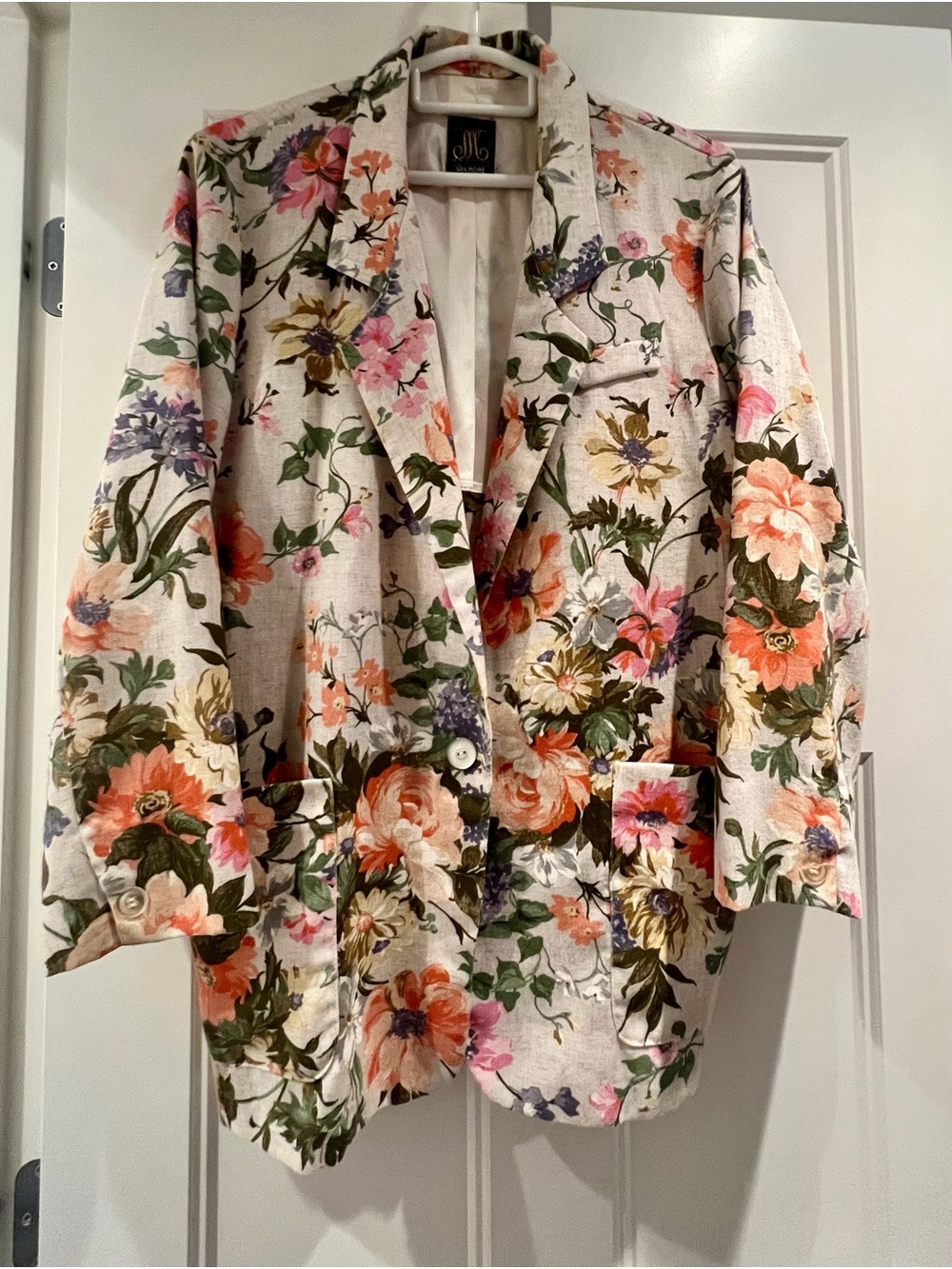 Vintage San Moire Floral Blazer in Cream with Pink, Orange and Green
